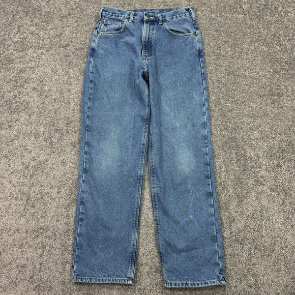 Carhartt Jeans Mens 32x32 Blue Relaxed Fit Lined Medium Wash Denim Workwear Logo - Picture 1 of 11